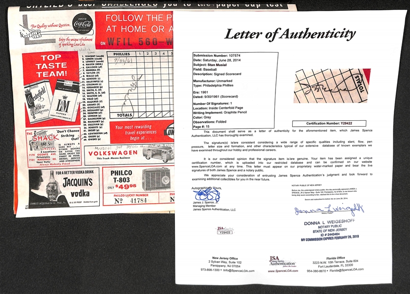 Stan Musial Signed 1961 Scorecard (JSA LOA) showing his RARE vintage style signature!